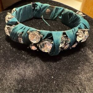 J.Crew Green Ribbon Wrapped Crystal Rhinestone Bracelet Bangle Hinged Opening